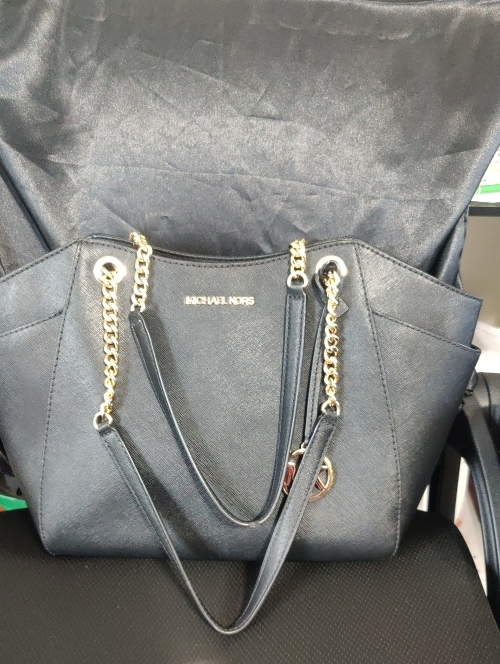 Michael Kors Black Saffiano Leather Shoulder Bag • Gold Chain Strap
